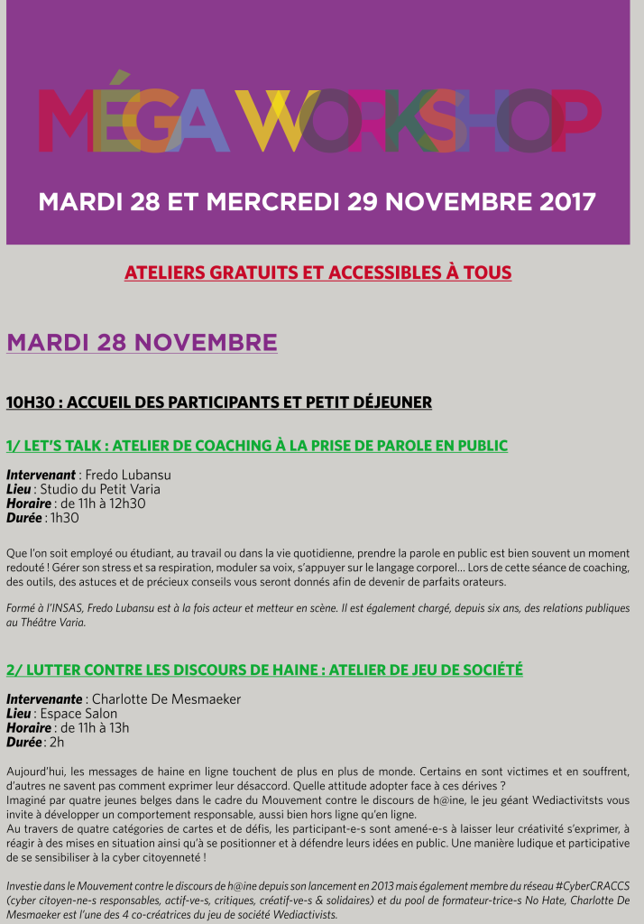 MEGA WORKSHOP MARDI 28 ET MERCREDI 29 NOVEMBRE 2017 - THEATRE VARIA --1